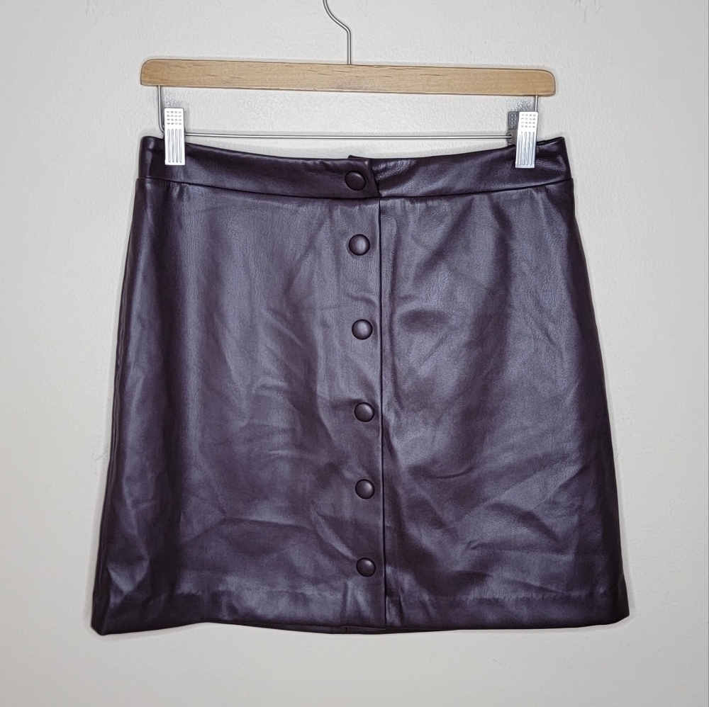 NWT Loft Chocolate Brown Snap Front Faux Leather Mini Skirt Size 4